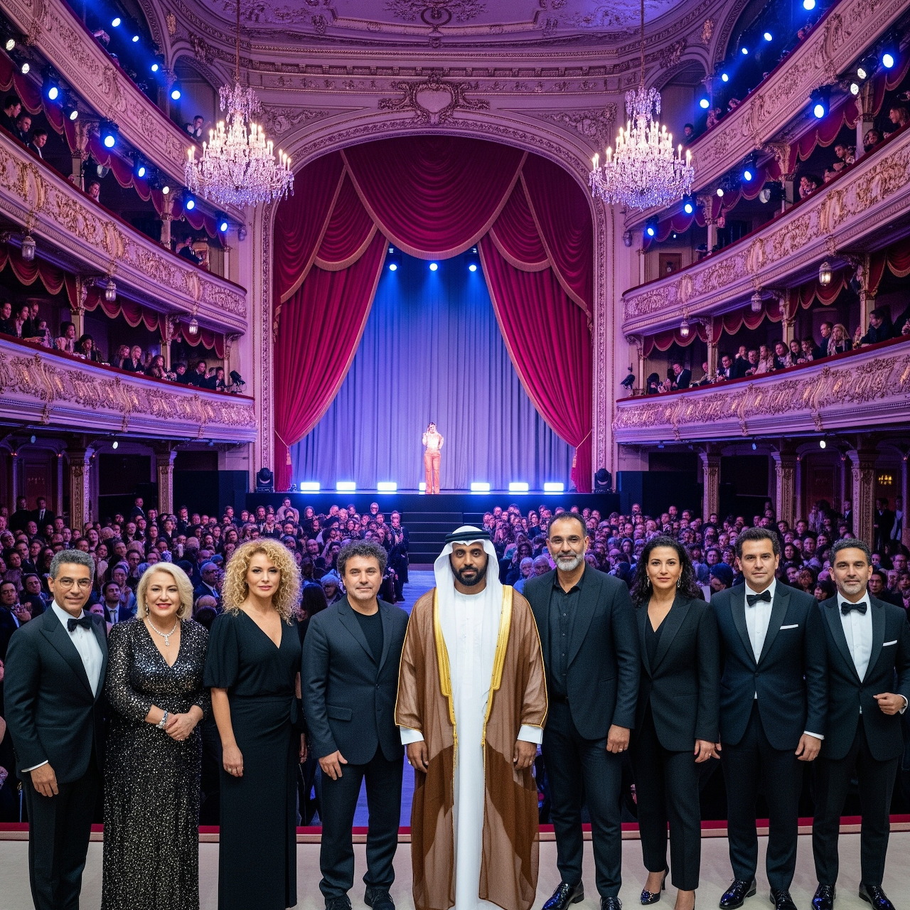 Formally dressed group posing inside an ornate theater with red curtains and chandeliers