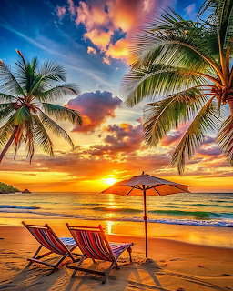 Beach chairs and umbrella under palm trees on a tropical beach at sunset with vibrant sky