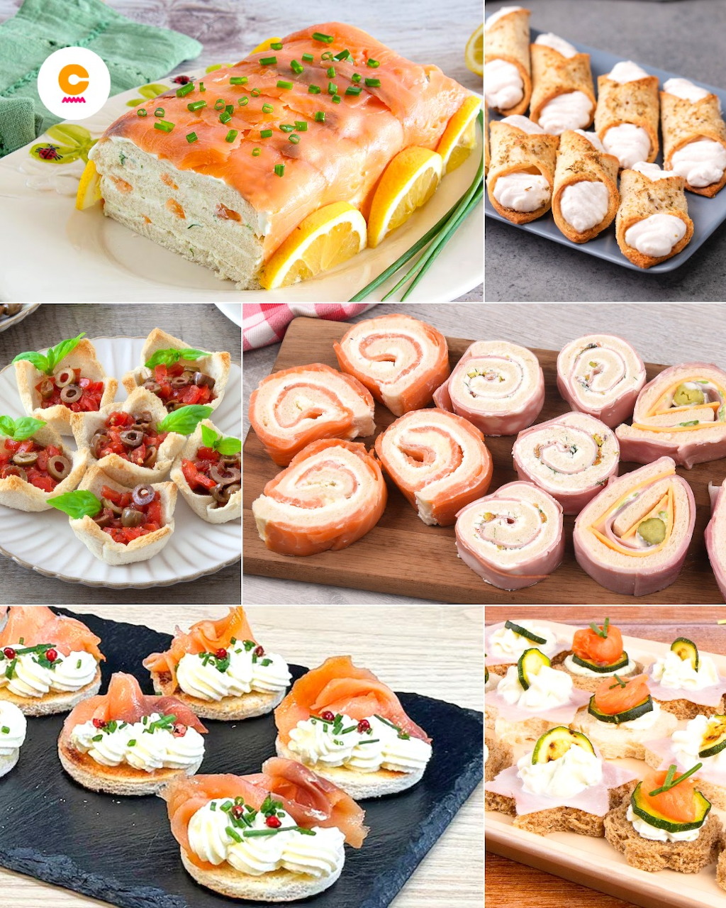 Collage of six salmon appetizers: terrine, rolls, blinis, stuffed pastry cups, pinwheels, and open sandwiches