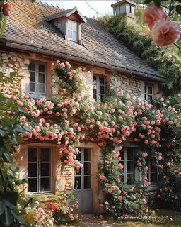 Stone cottage with pink climbing roses covering the facade and surrounding the wooden door and windows