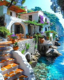 White villa with colorful flowers and decorative stairs overlooking bright blue coastal water