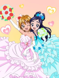 Two anime girls in white and blue dresses holding bouquets with hearts floating around them
