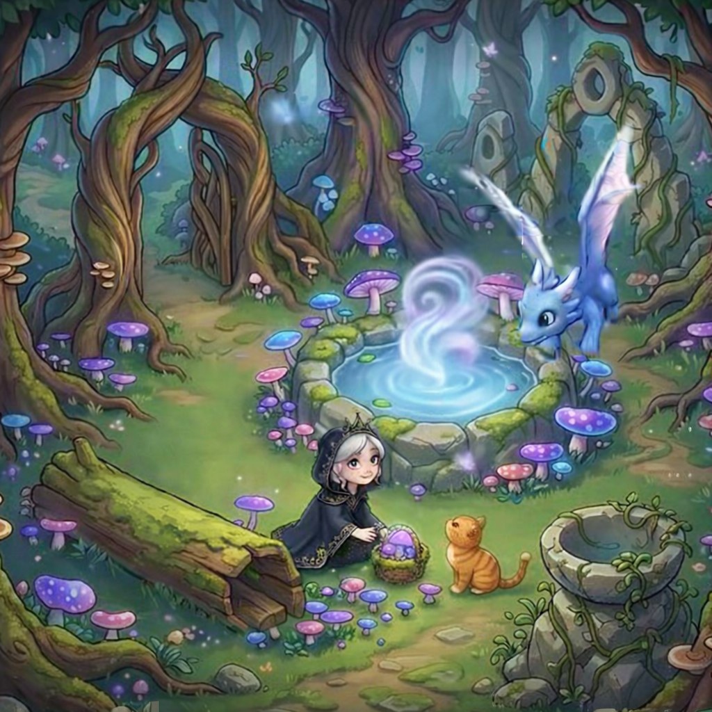 Anime-style fantasy forest with glowing hot spring, purple mushrooms, twisted trees, and mystical creatures in clearing