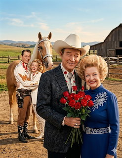 Roy Rogers and Dale Evans smiling with red roses at a ranch with a palomino horse behind them