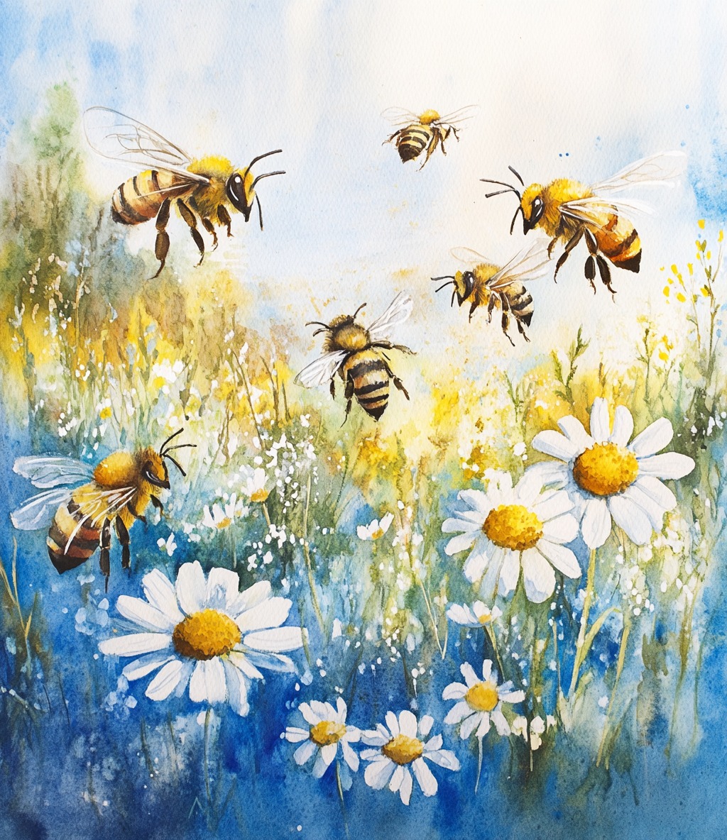 Painting of honey bees hovering over white daisies in a soft blue and yellow field