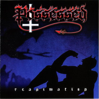 Dark album cover art with a silhouetted figure, blue background, and red gothic logo text