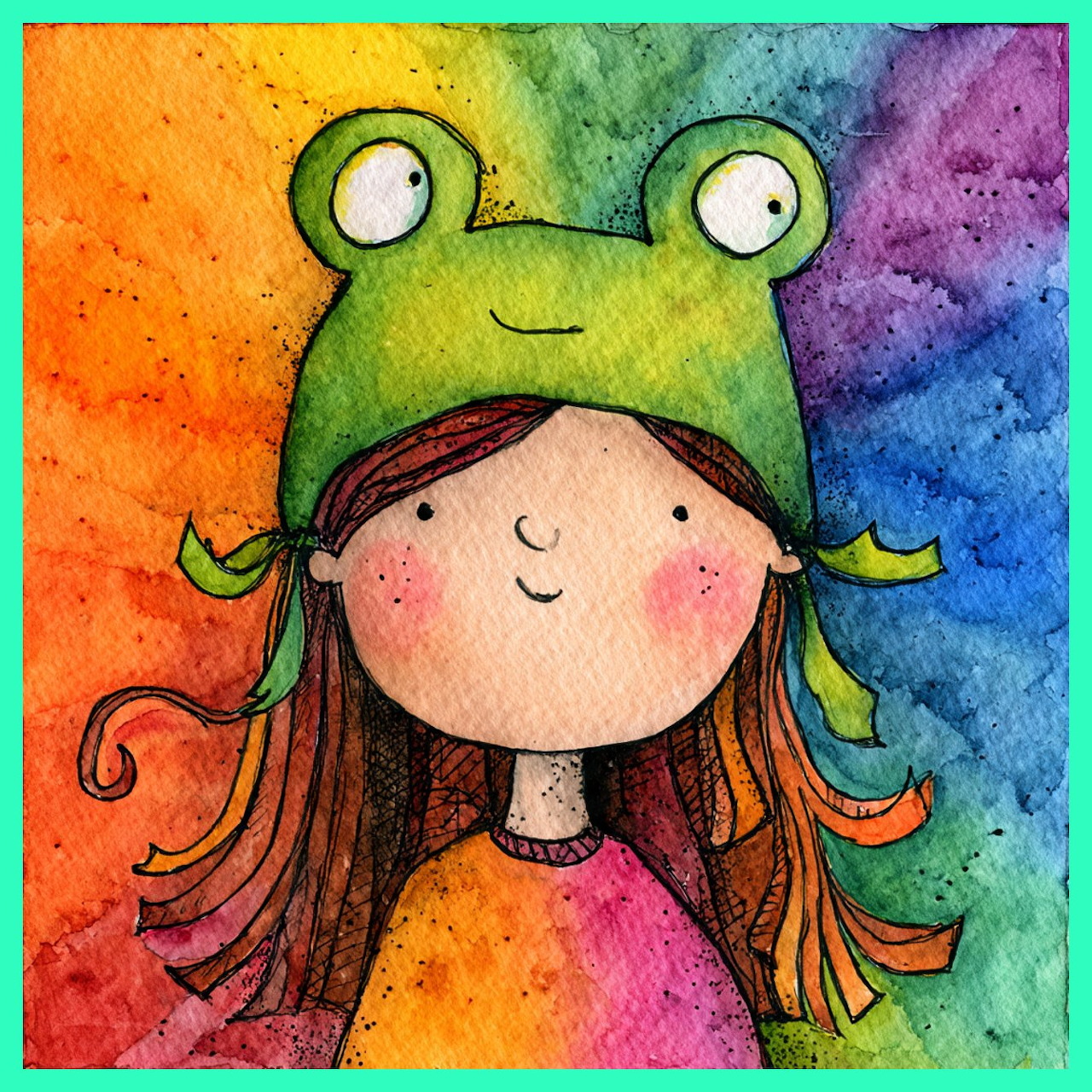 Cartoon girl with brown hair wearing green frog hat on rainbow watercolor background