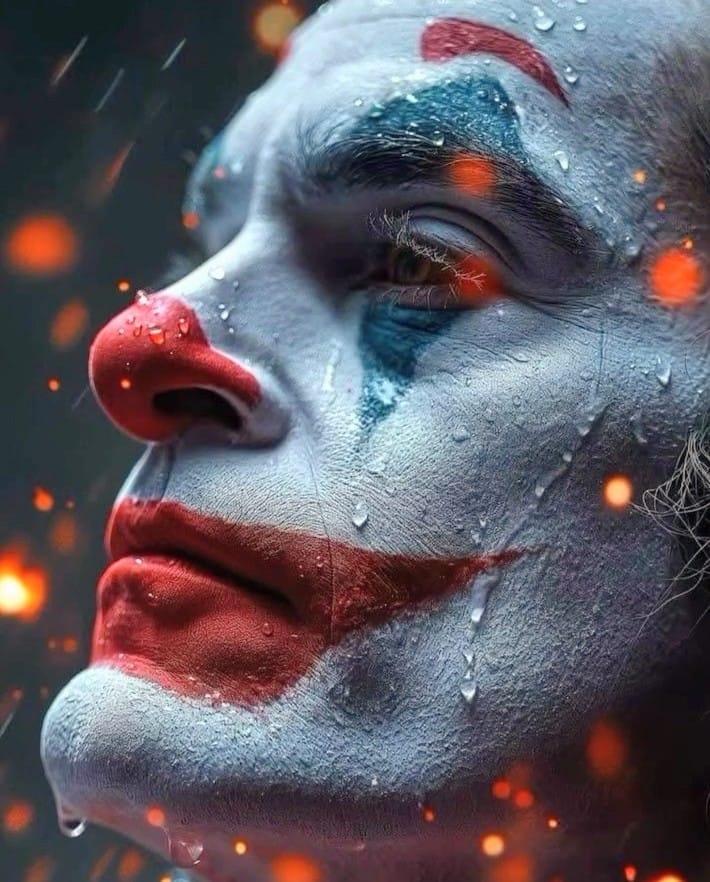 Close-up of a clown face with white paint, red nose, blue eye shadow, and rain droplets