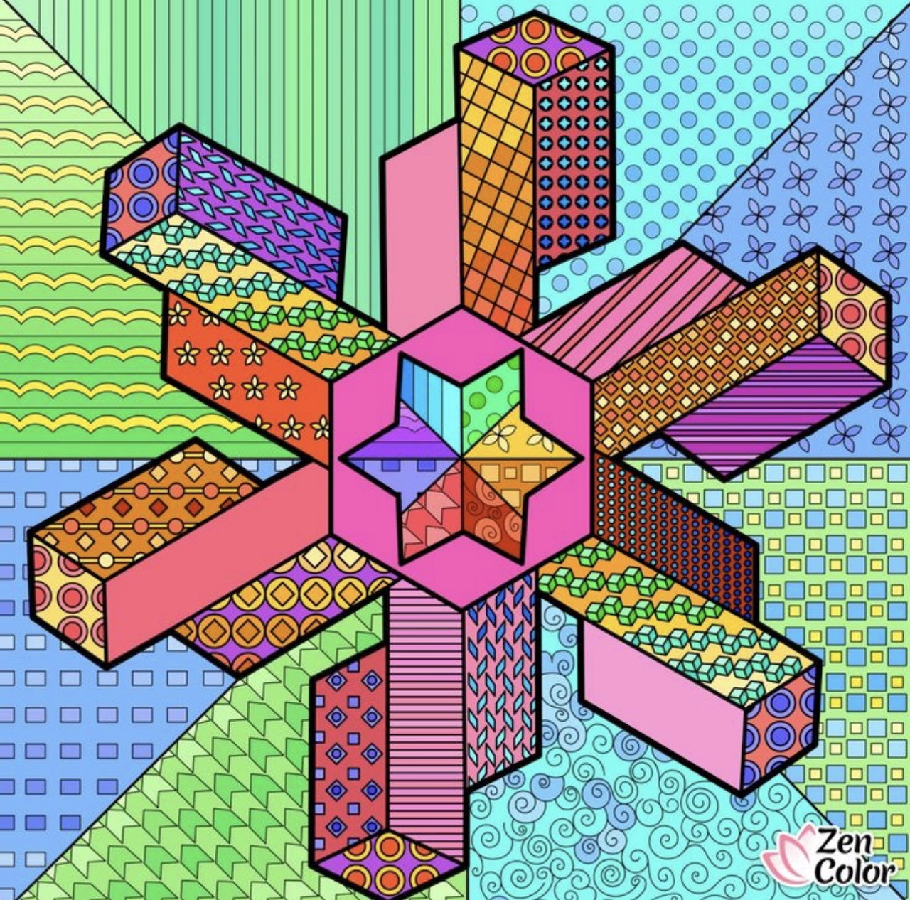 Kaleidoscopic geometric art with colorful patterned segments radiating from a pink 3D center cube