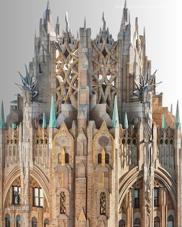 Art Deco building top with Gothic spires and ornamental details