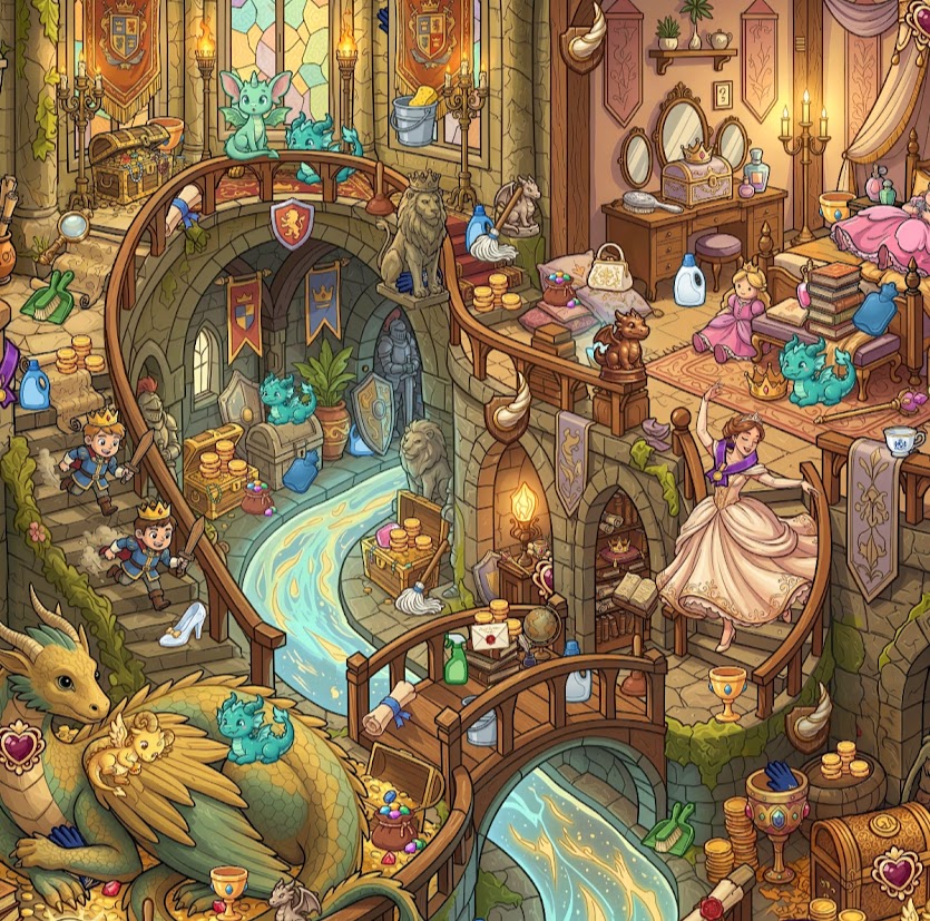 Detailed fantasy treehouse interior with multiple levels, stained glass, stairs, and cozy furniture