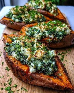 Spinach and ricotta stuffed sweet potatoes on a wooden cutting board