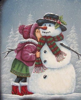 Young girl in pink coat kissing snowman with black hat and colorful scarf in snowy scene