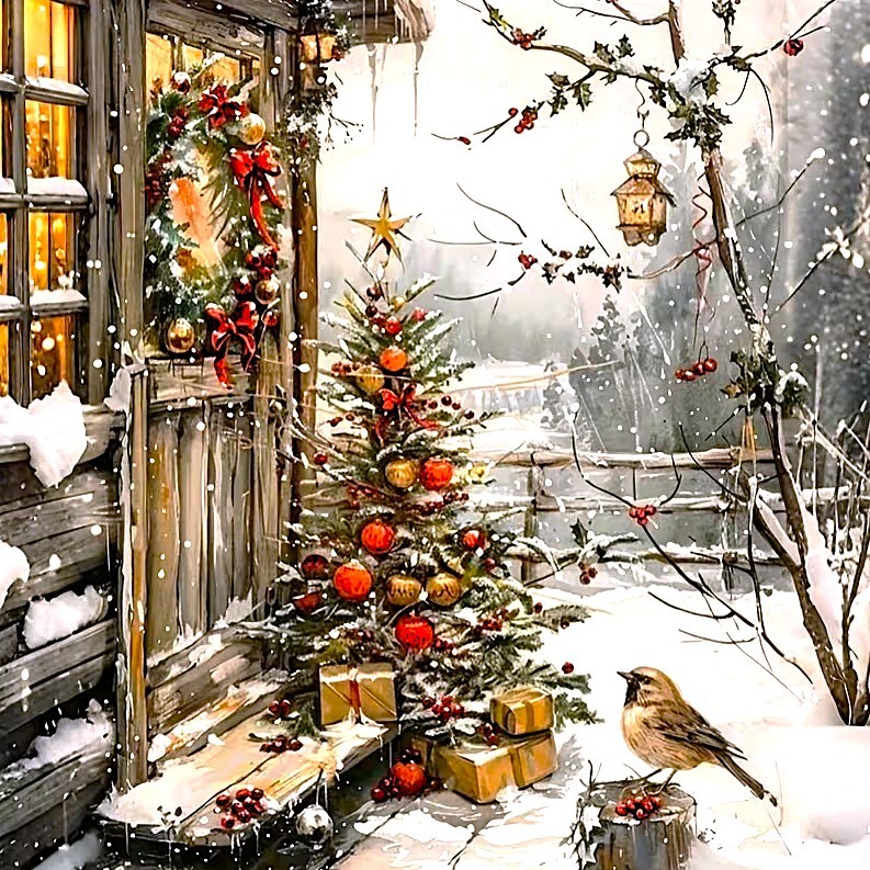 Snowy cottage porch with Christmas decorations, wreath, small tree, birds, and falling snow in winter scene