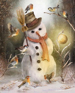 Painted snowman in a snowy forest with small birds perched around it