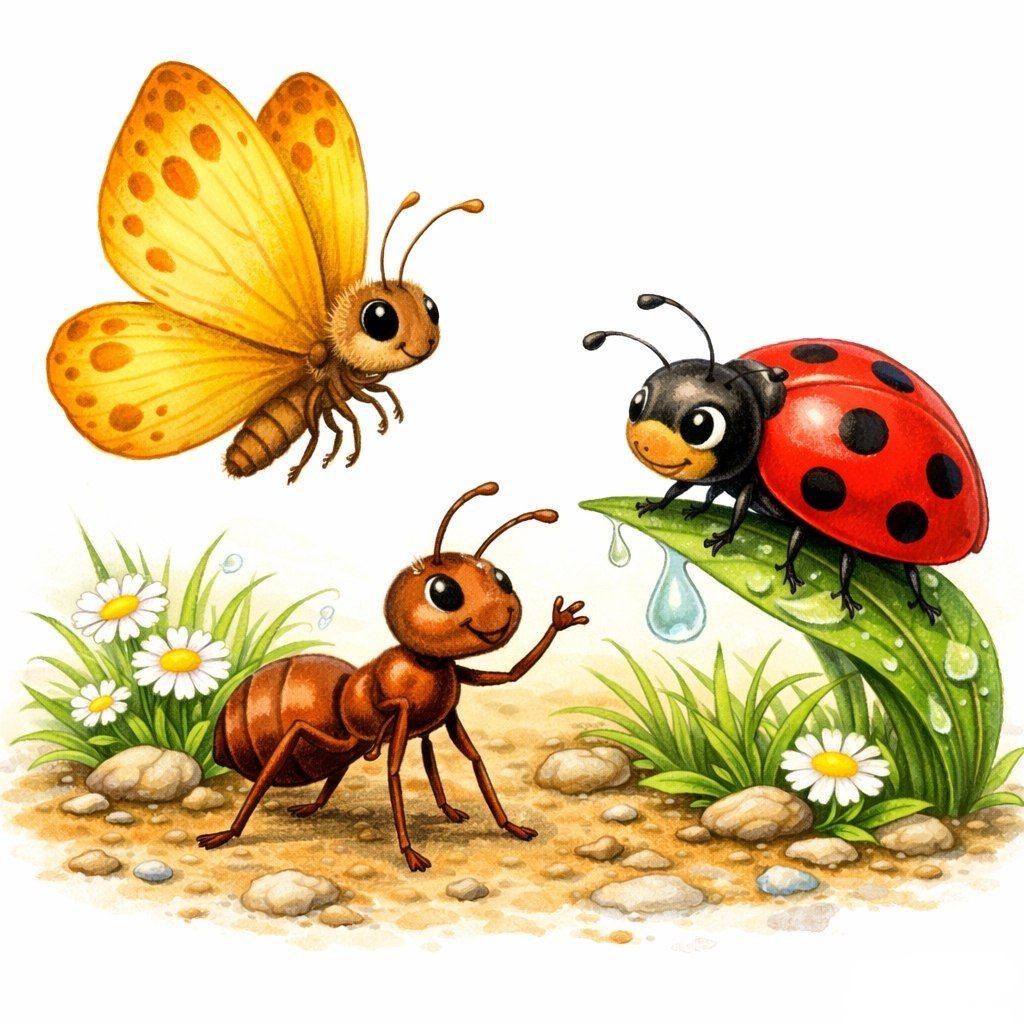 Cartoon butterfly, ant, and ladybug with daisies on grass