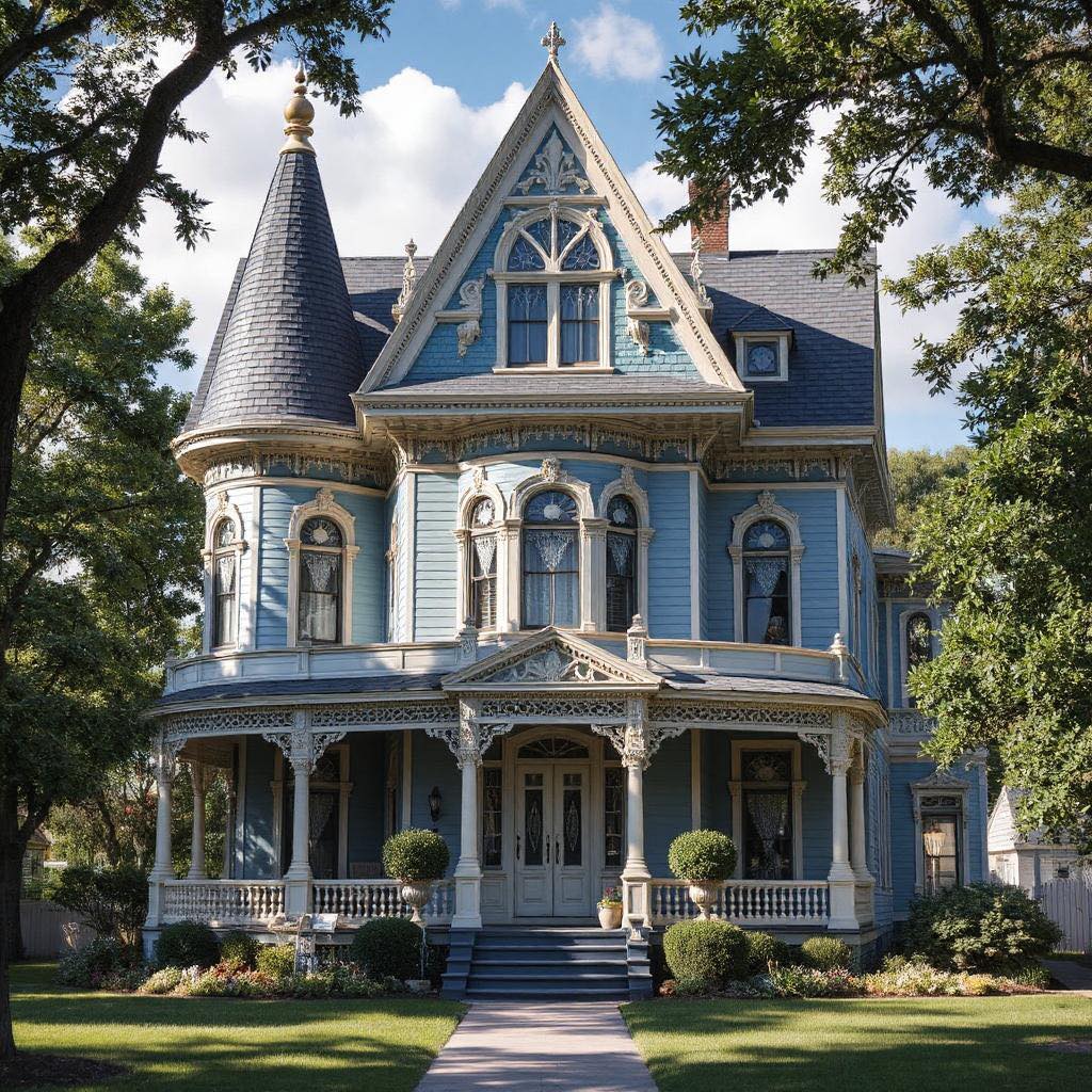Blue Victorian mansion with ornate white trim, wraparound porch, and conical turret under oak trees