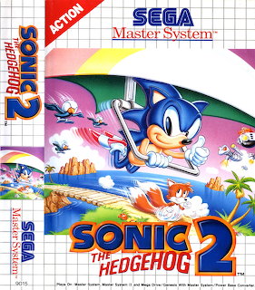 Sonic the Hedgehog 2 Sega Master System video game box art showing blue hedgehog character racing through colorful scene