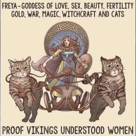 Illustration of Freya standing between two cats with decorative text about the Norse goddess