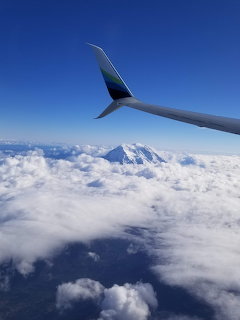 Aircraft wing above clouds with Mount Rainier visible in distance