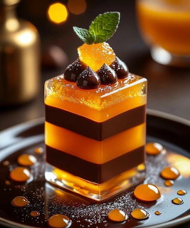 Layered orange and chocolate dessert cube with mint garnish on dark plate