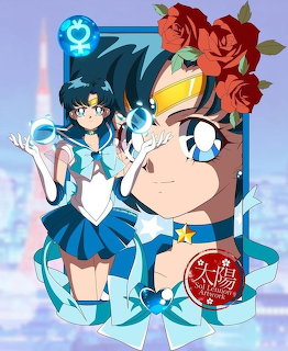 Sailor Mercury anime character in blue sailor outfit with roses and Mercury symbol