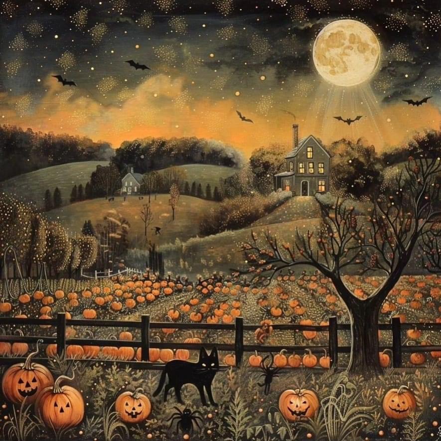 Halloween night scene with glowing pumpkins, black cat, haunted house, full moon and bats in orange and dark sky