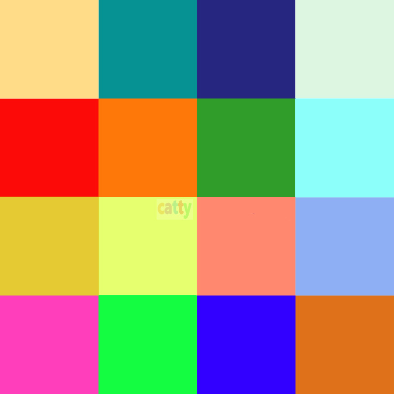 Grid of 16 colorful squares in bright solid colors arranged in 4 rows and 4 columns