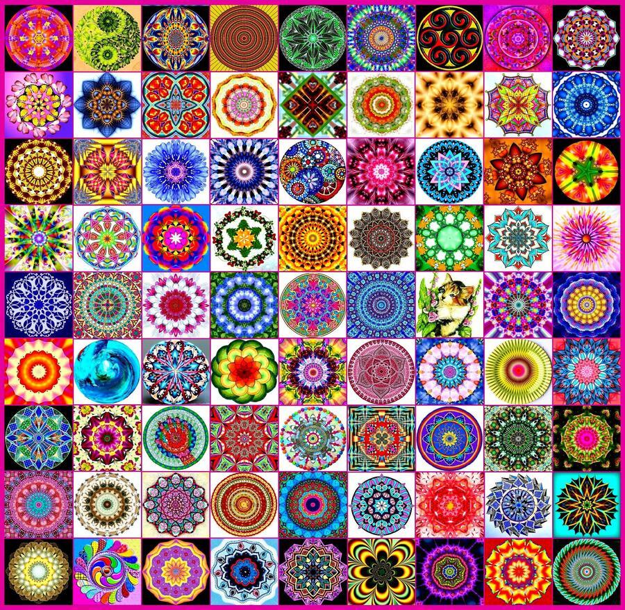 Grid of colorful mandala and kaleidoscope pattern tiles with circular geometric designs