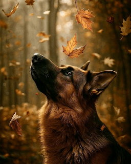 German Shepherd Watching Autumn Leaves