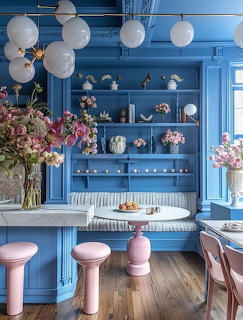 Blue dining room interior with pink flowers, pendant lights, pastel stools, and a white round table