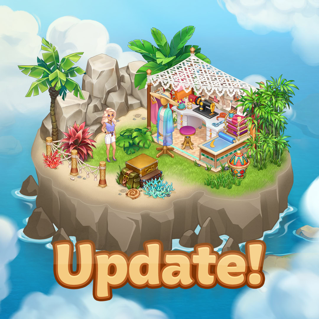 Cartoon floating tropical island with a hut, palm trees, rocks, and an Update! sign