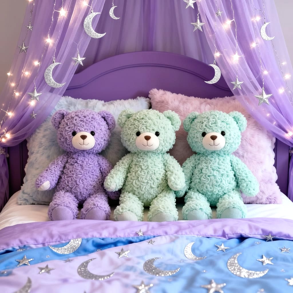 Three pastel teddy bears on a bed with purple canopy curtains, fairy lights, stars, and moon bedding