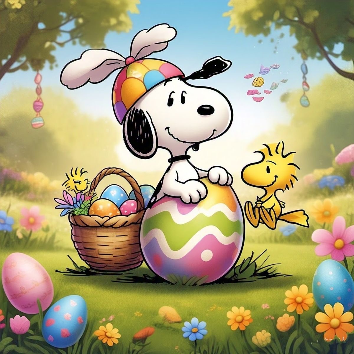 Snoopy in bunny ears and Woodstock with colorful Easter eggs and flowers in a spring garden setting