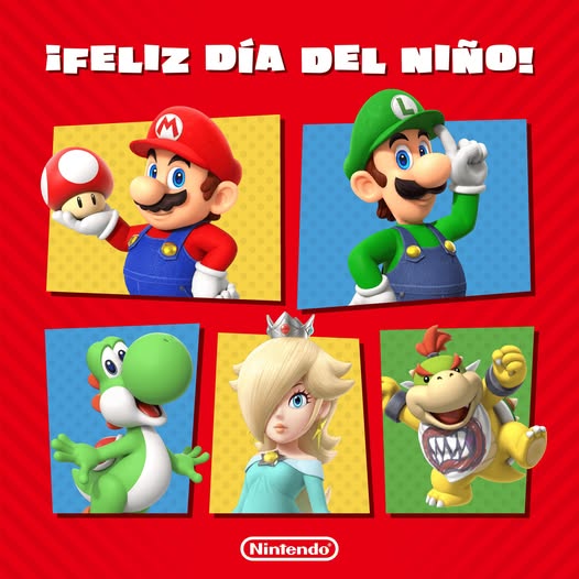 Grid of five Super Mario game characters on red background with Feliz dia del niño text
