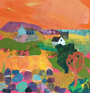 Abstract painting of village houses under orange sky with colorful fields and flowers