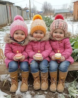 Three young girls in pink coats and colorful hats sitting on a bench holding small cakes in a snowy yard