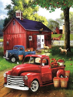 Painting of vintage red pickup trucks beside a red barn with apple baskets and autumn trees