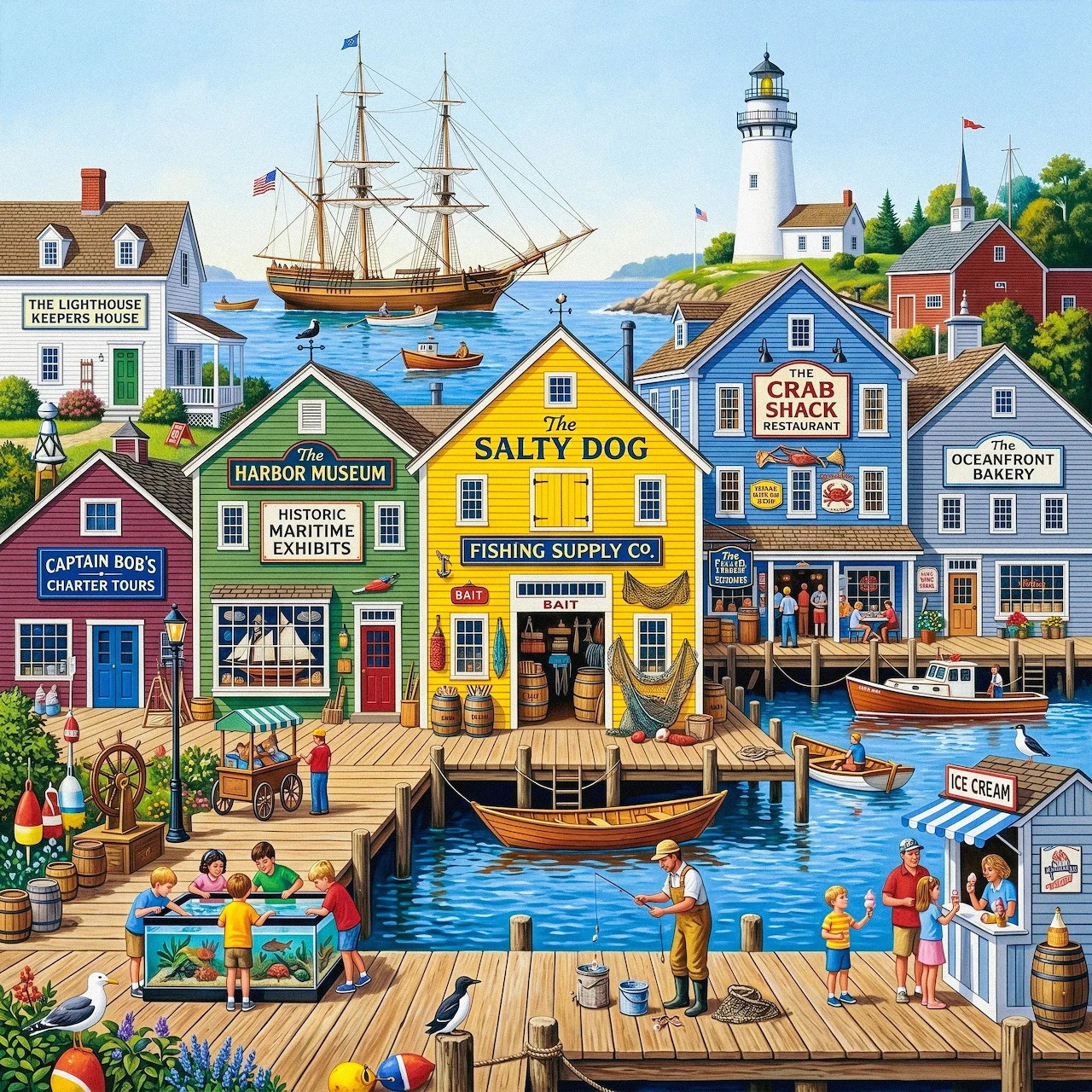 Colorful illustration of a bustling harbor town with shops, boats, a lighthouse, and people on the docks