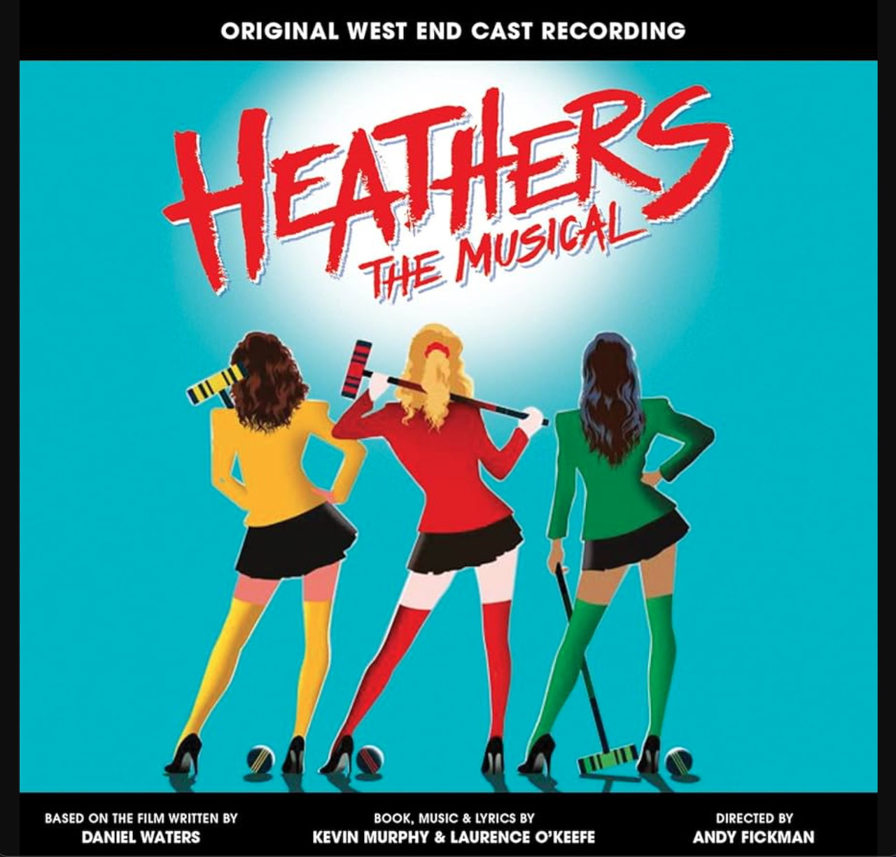 Heathers The Musical cover art with three girls in colorful outfits seen from behind on a blue background
