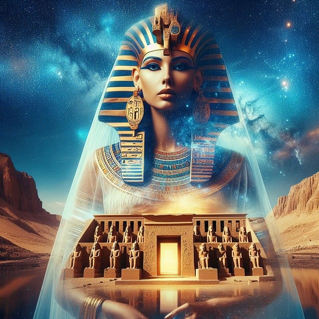Fantasy Egyptian queen with headdress above a glowing temple in a desert night scene