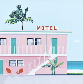 Illustrated pink motel by the beach with palm trees, teal doors, and ocean water