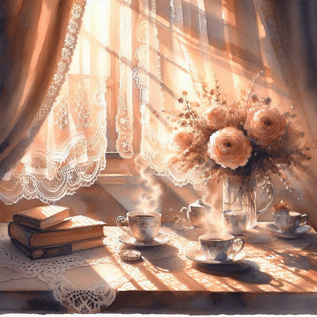 Tea set and flowers on table by sunlit window with lace curtains