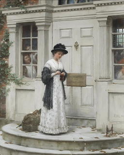 Victorian woman in black jacket and white dress standing at columned doorway holding luggage