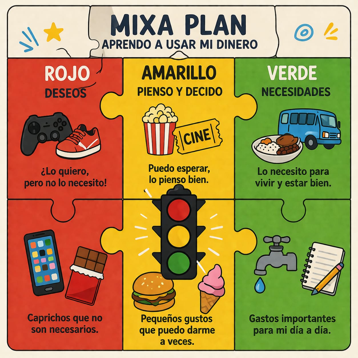 Colorful Spanish financial education chart dividing money into wants, calculated spending, and needs with illustrated examples