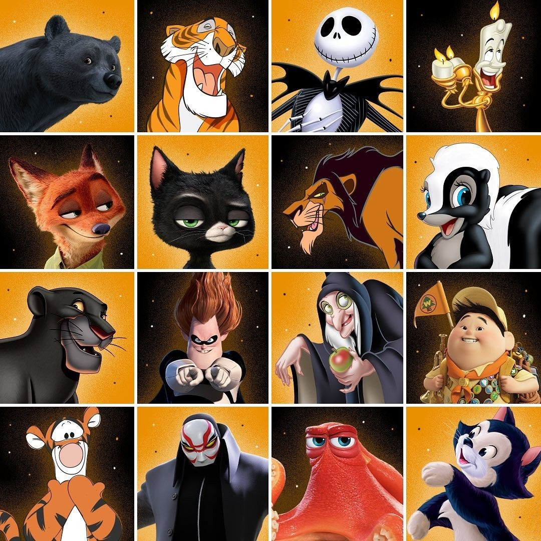 Collage of 16 animated characters from Disney and Pixar movies arranged in a 4x4 grid on orange backgrounds