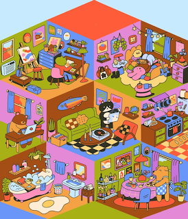 Isometric cutaway view of a pink dollhouse with cartoon animals in different rooms doing everyday activities