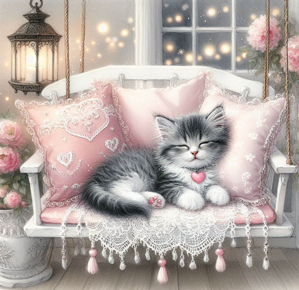 Gray and white kitten lying on pink lace-trimmed couch near window with hanging lantern and roses