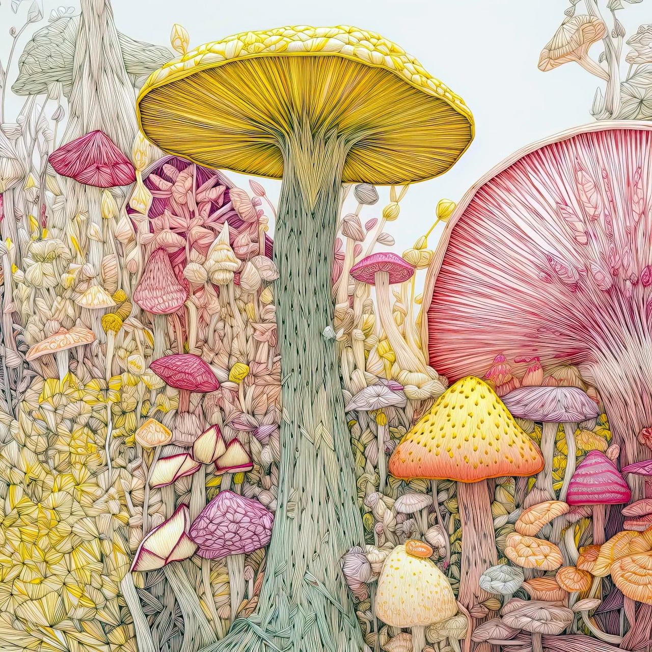 Detailed pastel illustration of fantastical mushrooms and flowers in a dreamy forest scene
