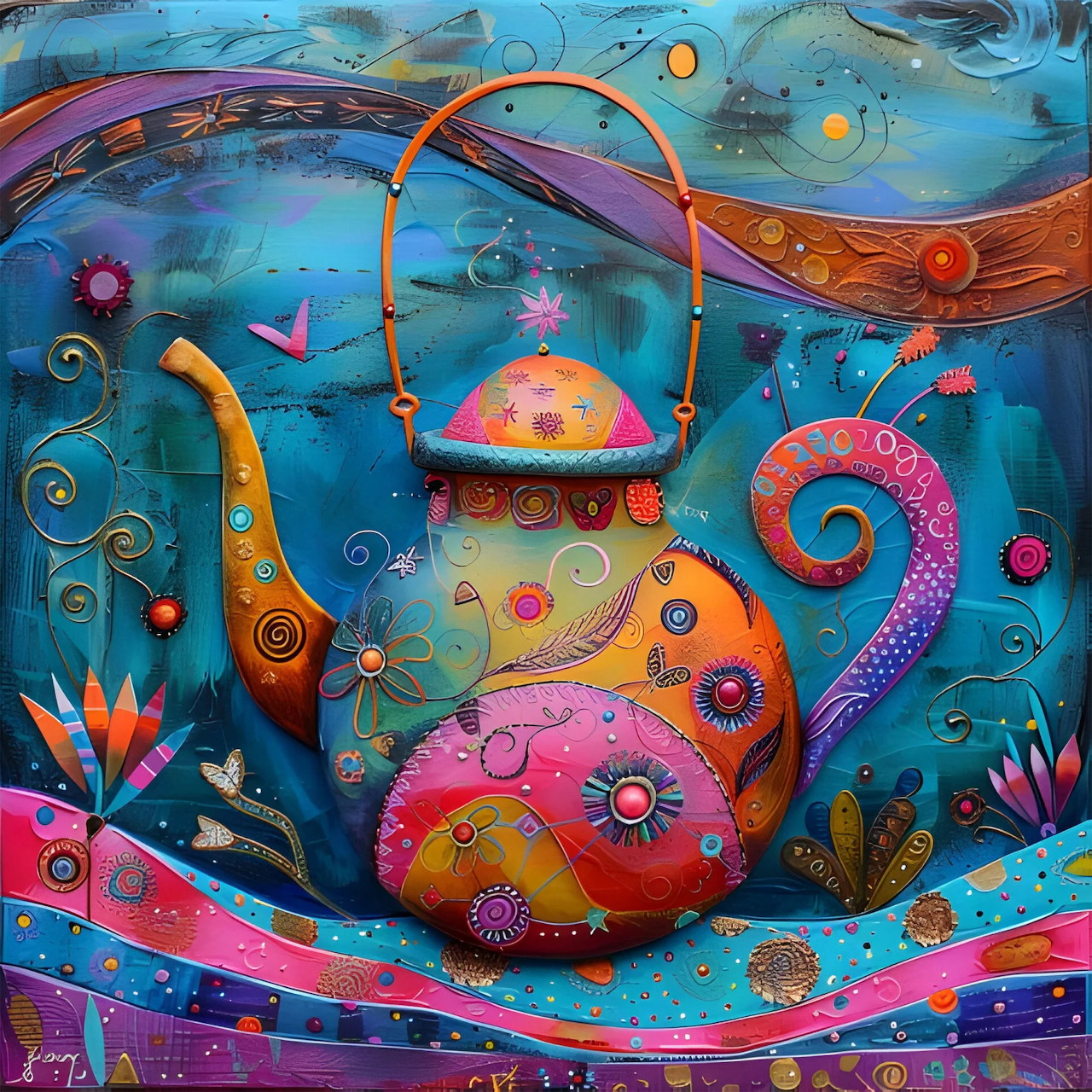 Whimsical illustrated teapot with colorful swirls, dots and patterns on blue background with decorative ribbons